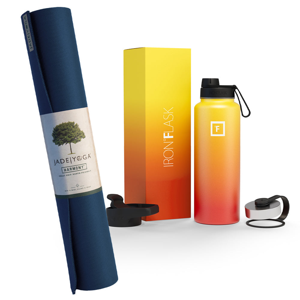 Jade Yoga Harmony Mat - Midnight & Iron Flask Wide Mouth Bottle with Spout Lid, Fire, 32oz/950ml Bundle - SILBERSHELL