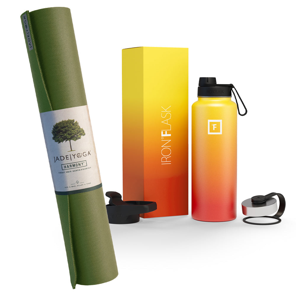 Jade Yoga Harmony Mat - Olive & Iron Flask Wide Mouth Bottle with Spout Lid, Fire, 32oz/950ml Bundle - SILBERSHELL