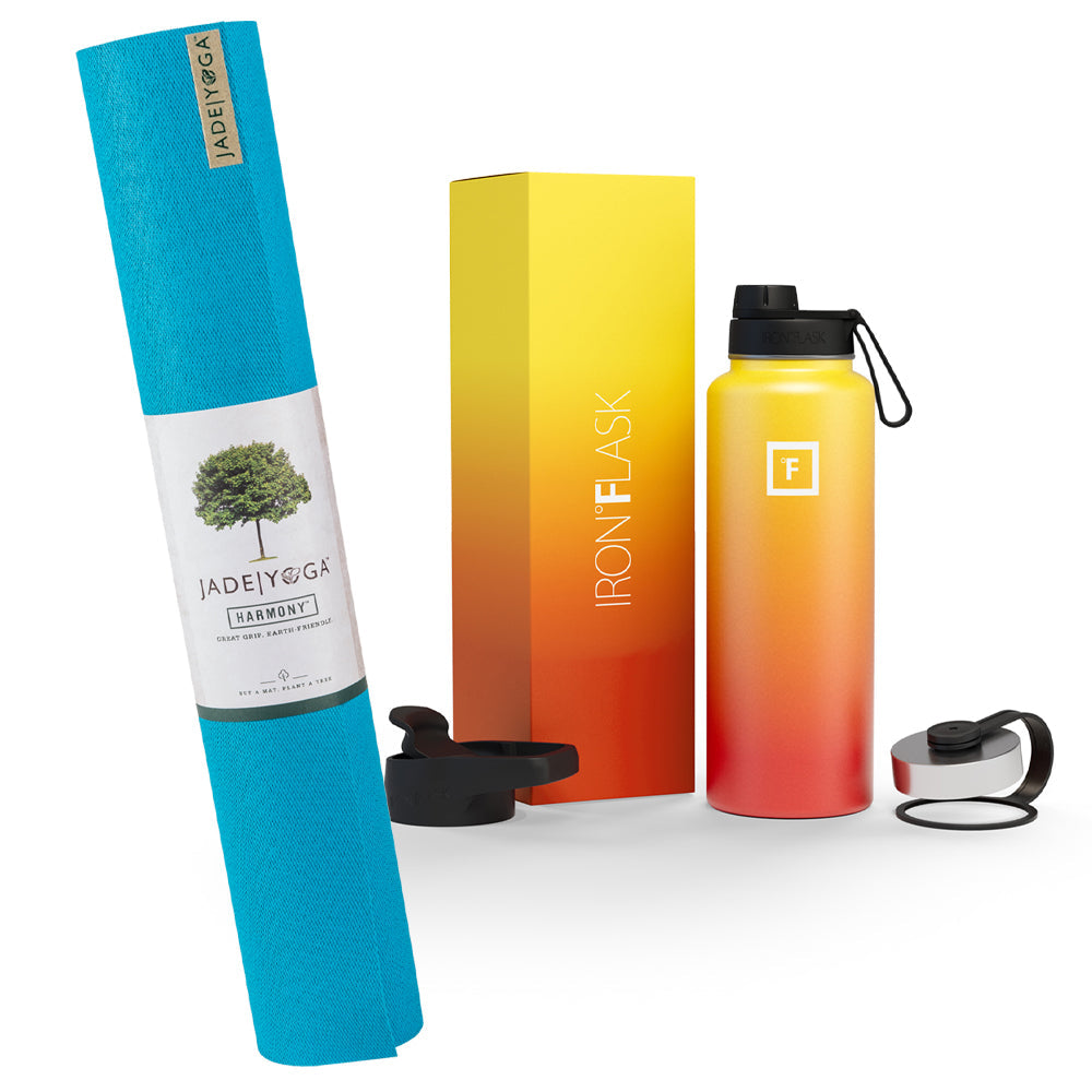 Jade Yoga Harmony Mat - Sky Blue & Iron Flask Wide Mouth Bottle with Spout Lid, Fire, 32oz/950ml Bundle - SILBERSHELL