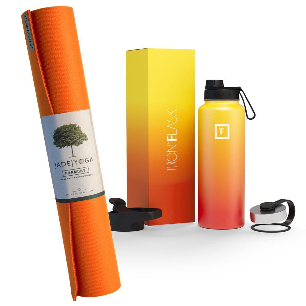 Jade Yoga Harmony Mat - Orange & Iron Flask Wide Mouth Bottle with Spout Lid, Fire, 32oz/950ml Bundle - SILBERSHELL