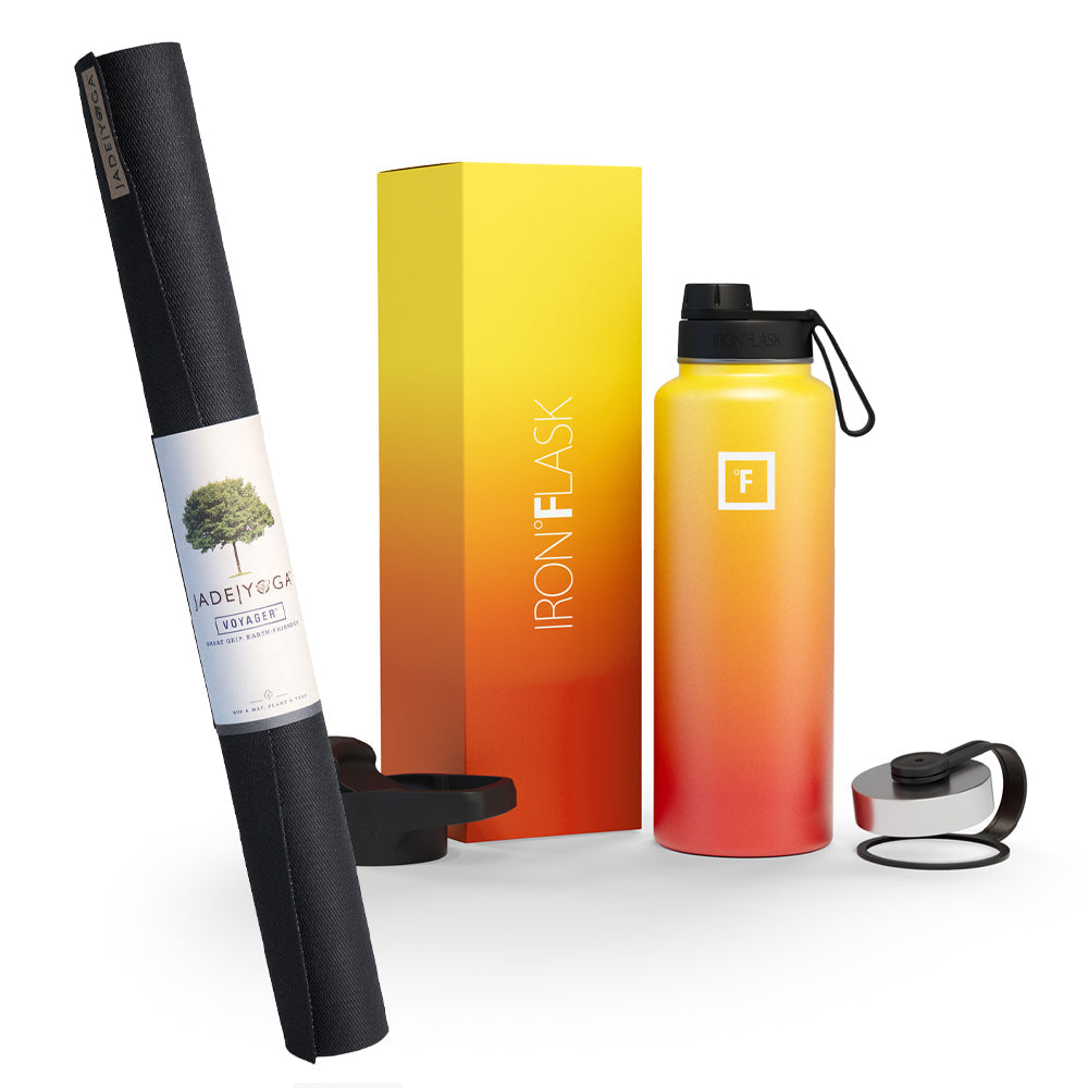 Jade Yoga Voyager Mat - Black & Iron Flask Wide Mouth Bottle with Spout Lid, Fire, 32oz/950ml Bundle - SILBERSHELL