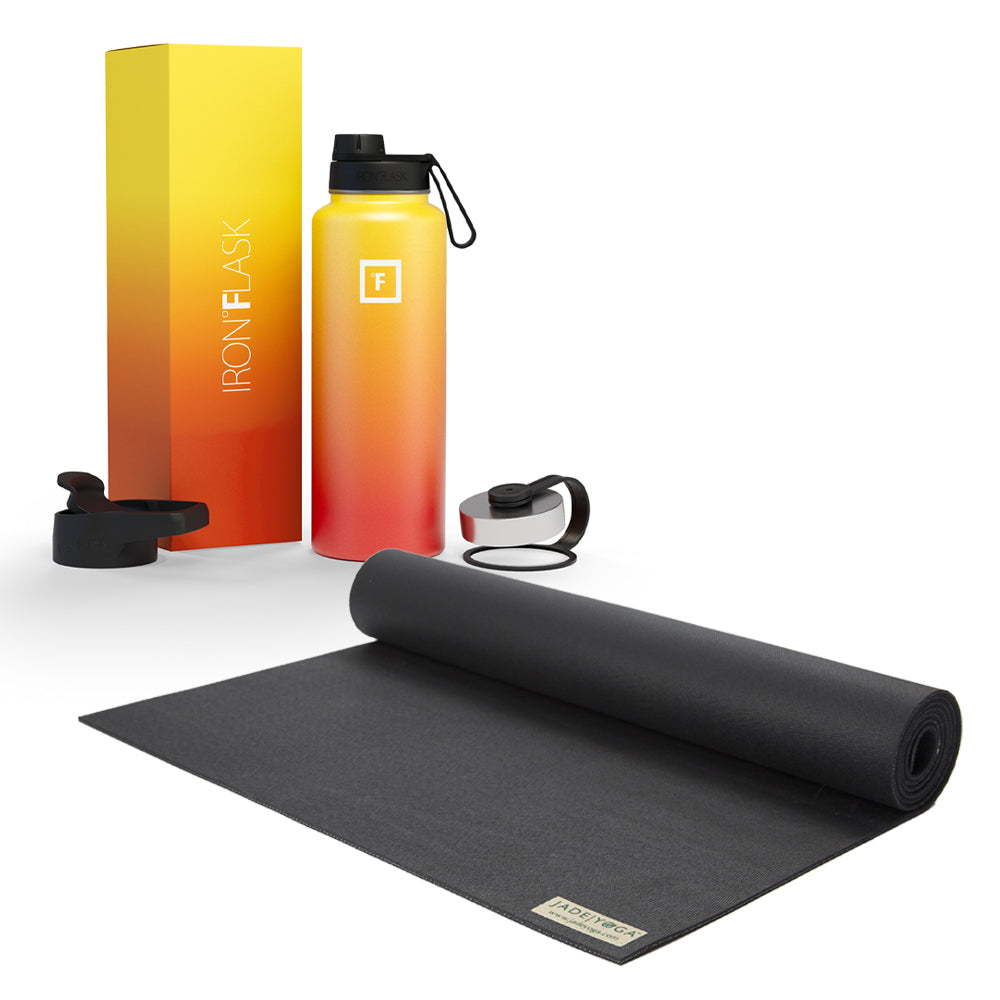 Jade Yoga Voyager Mat - Black & Iron Flask Wide Mouth Bottle with Spout Lid, Fire, 32oz/950ml Bundle - SILBERSHELL