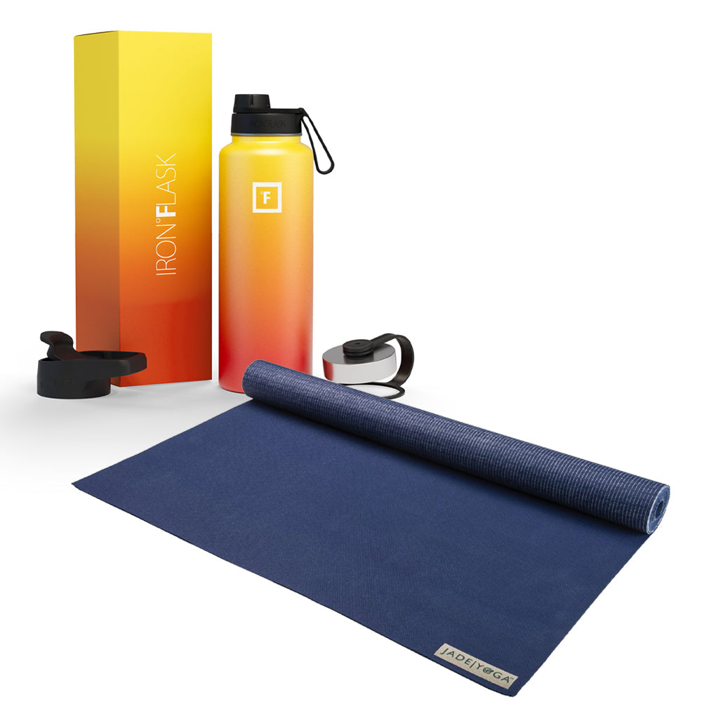 Jade Yoga Voyager Mat - Midnight & Iron Flask Wide Mouth Bottle with Spout Lid, Fire, 32oz/950ml Bundle - SILBERSHELL