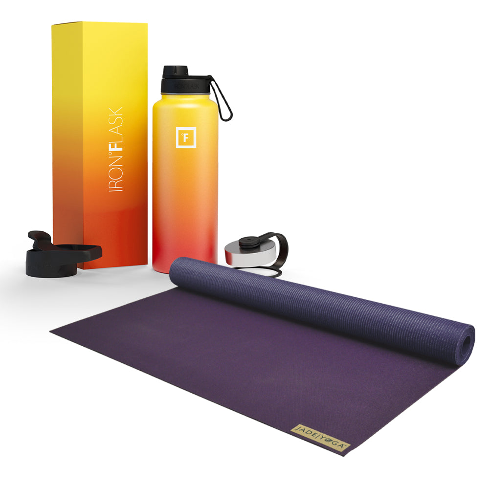 Jade Yoga Voyager Mat - Purple & Iron Flask Wide Mouth Bottle with Spout Lid, Fire, 32oz/950ml Bundle - SILBERSHELL