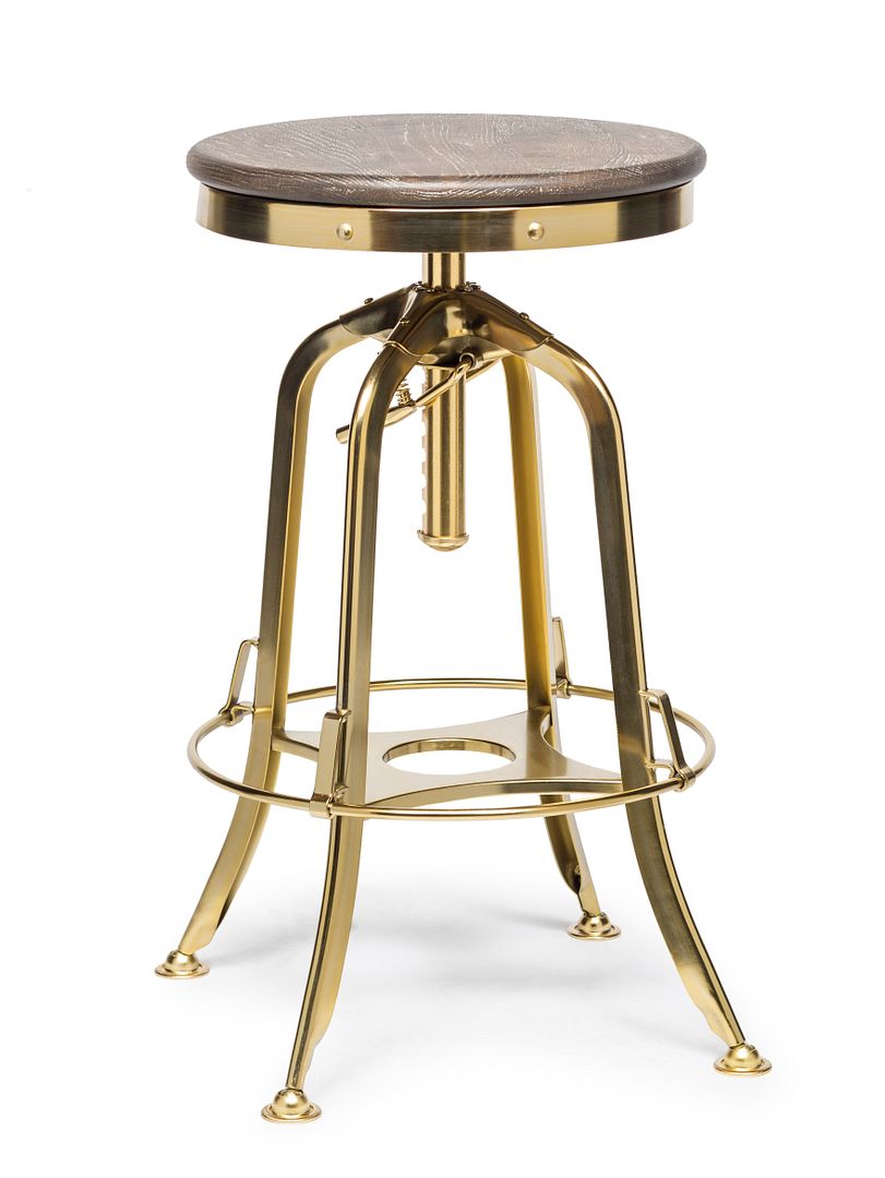 Industrial Height Adjustable Swivel Bar Stool with Oak Wood Top - Gold Finish - SILBERSHELL