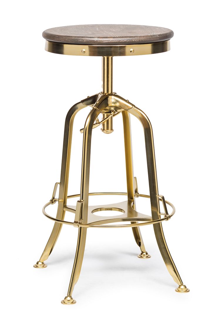 Industrial Height Adjustable Swivel Bar Stool with Oak Wood Top - Gold Finish - SILBERSHELL