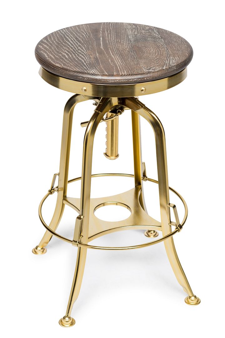 Industrial Height Adjustable Swivel Bar Stool with Oak Wood Top - Gold Finish - SILBERSHELL