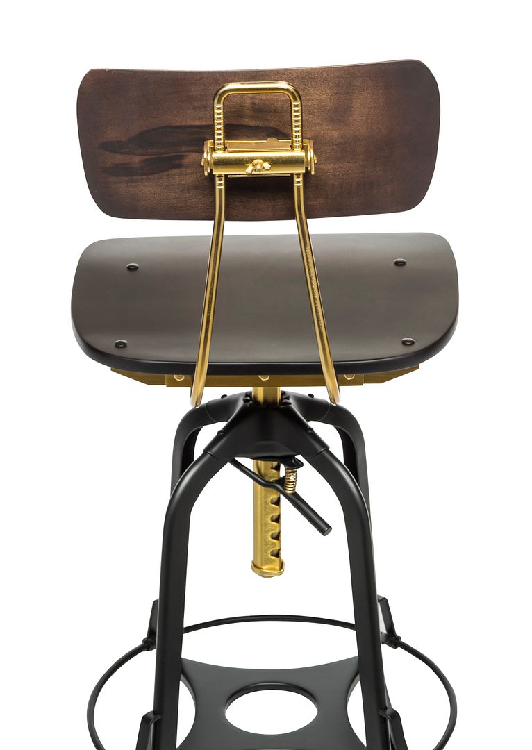 Industrial Wooden Height Adjustable Swivel Bar Stool Chair with Back - Gold Black - SILBERSHELL