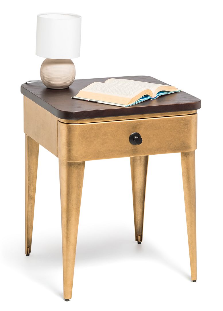 Modern Bedside Table in Brass Finish with Storage Drawer and Wood Top - SILBERSHELL