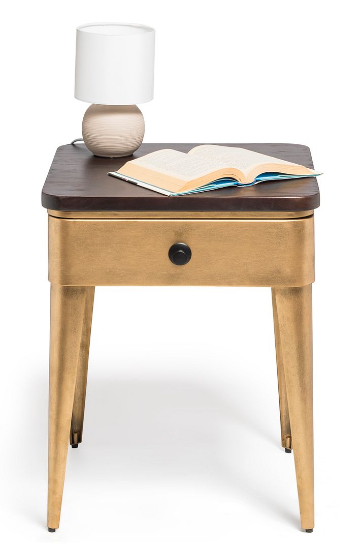 Modern Bedside Table in Brass Finish with Storage Drawer and Wood Top - SILBERSHELL