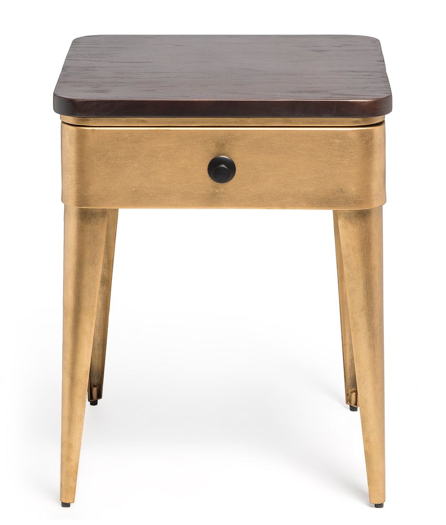 Modern Bedside Table in Brass Finish with Storage Drawer and Wood Top - SILBERSHELL