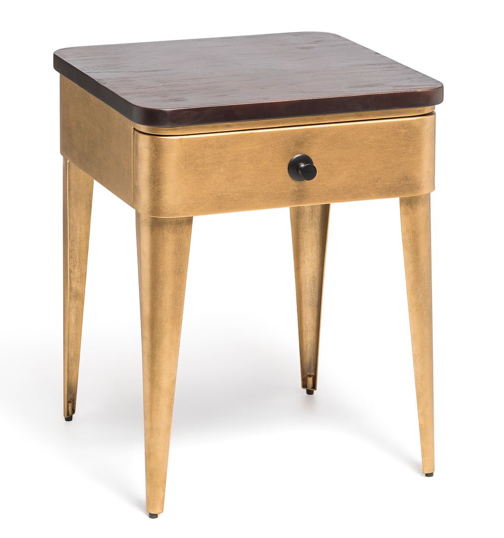 Modern Bedside Table in Brass Finish with Storage Drawer and Wood Top - SILBERSHELL