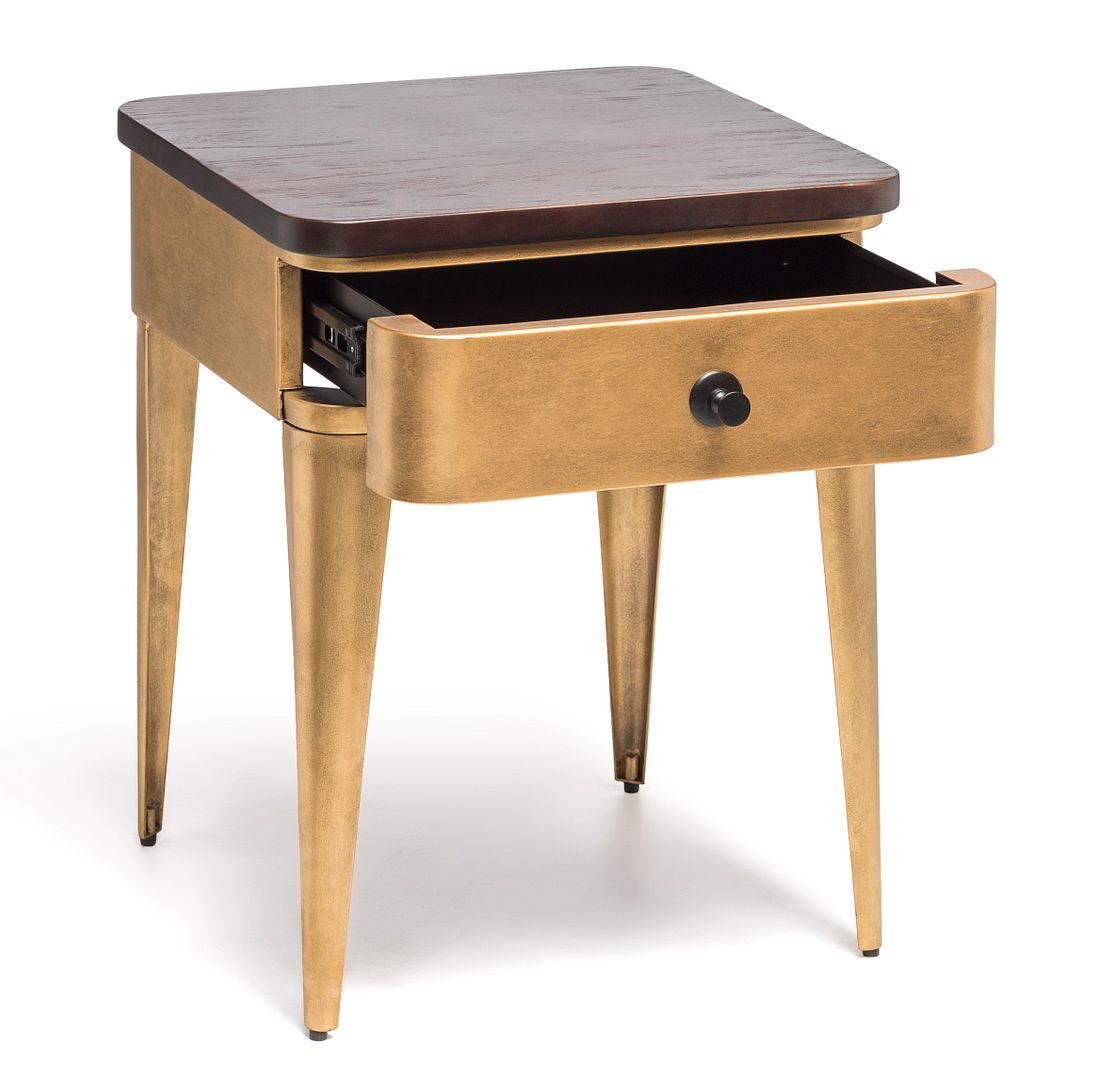 Modern Bedside Table in Brass Finish with Storage Drawer and Wood Top - SILBERSHELL