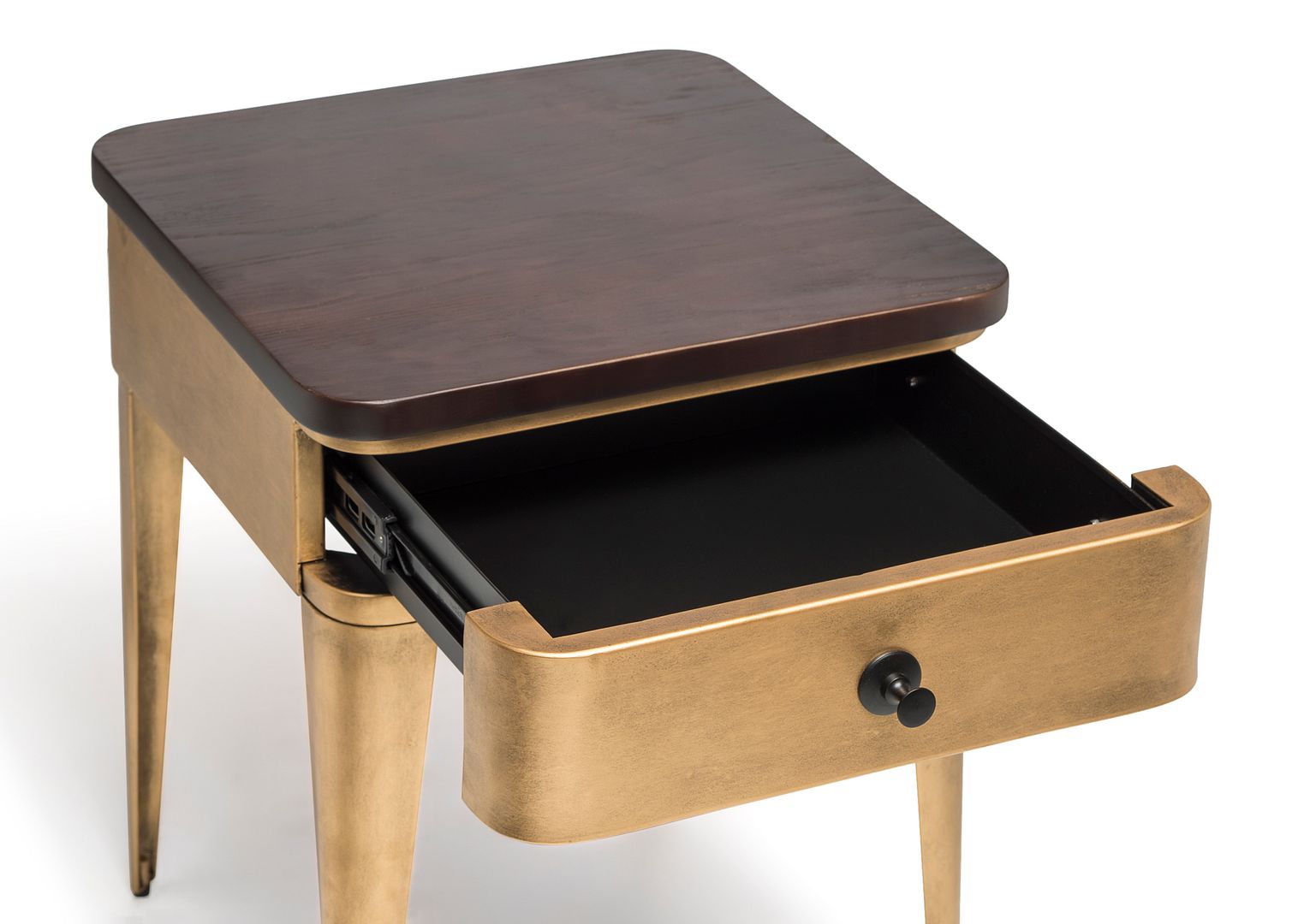 Modern Bedside Table in Brass Finish with Storage Drawer and Wood Top - SILBERSHELL