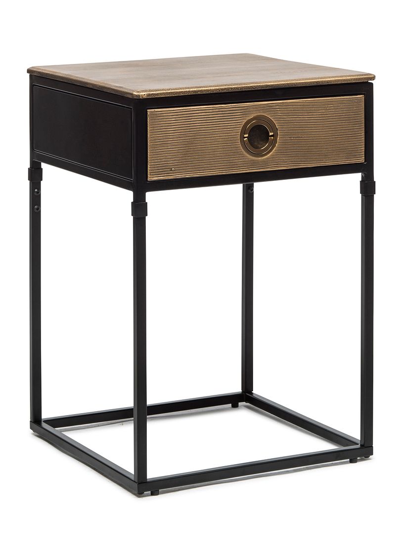 Black Bedside Table with Storage Drawer and Gold Finished Textured Top - SILBERSHELL