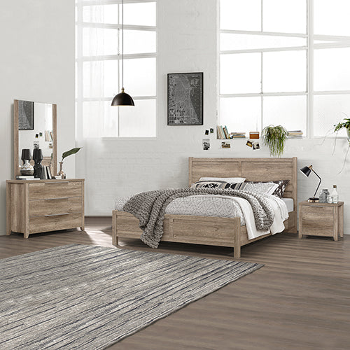 4 Pieces Bedroom Suite Natural Wood Like MDF Structure Double Size Oak Colour Bed, Bedside Table & Dresser - SILBERSHELL