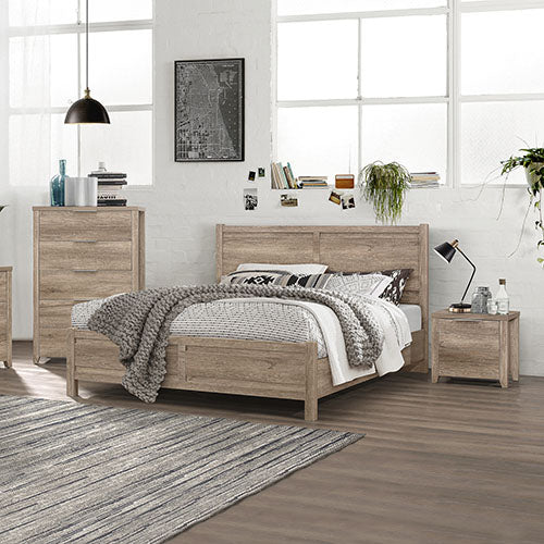 4 Pieces Bedroom Suite Natural Wood Like MDF Structure King Size Oak Colour Bed, Bedside Table & Tallboy - SILBERSHELL