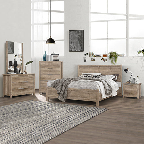 5 Pieces Bedroom Suite Natural Wood Like MDF Structure Double Size Oak Colour Bed, Bedside Table, Tallboy & Dresser - SILBERSHELL