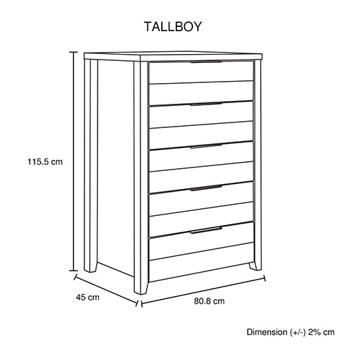 5 Pieces Bedroom Suite Natural Wood Like MDF Structure Double Size Oak Colour Bed, Bedside Table, Tallboy & Dresser - SILBERSHELL