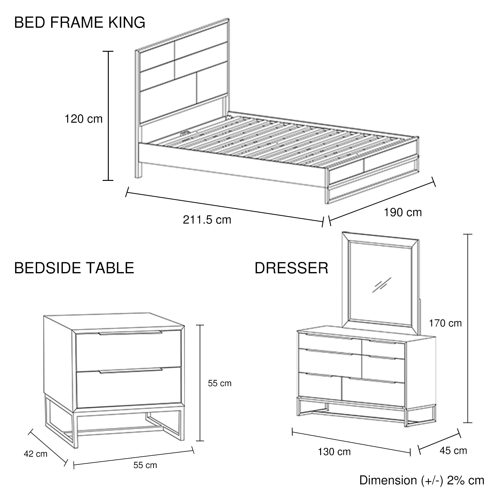 4 Pieces Bedroom Suite made in Solid Wood Acacia Veneered King Size Oak Colour Bed, Bedside Table & Dresser - SILBERSHELL