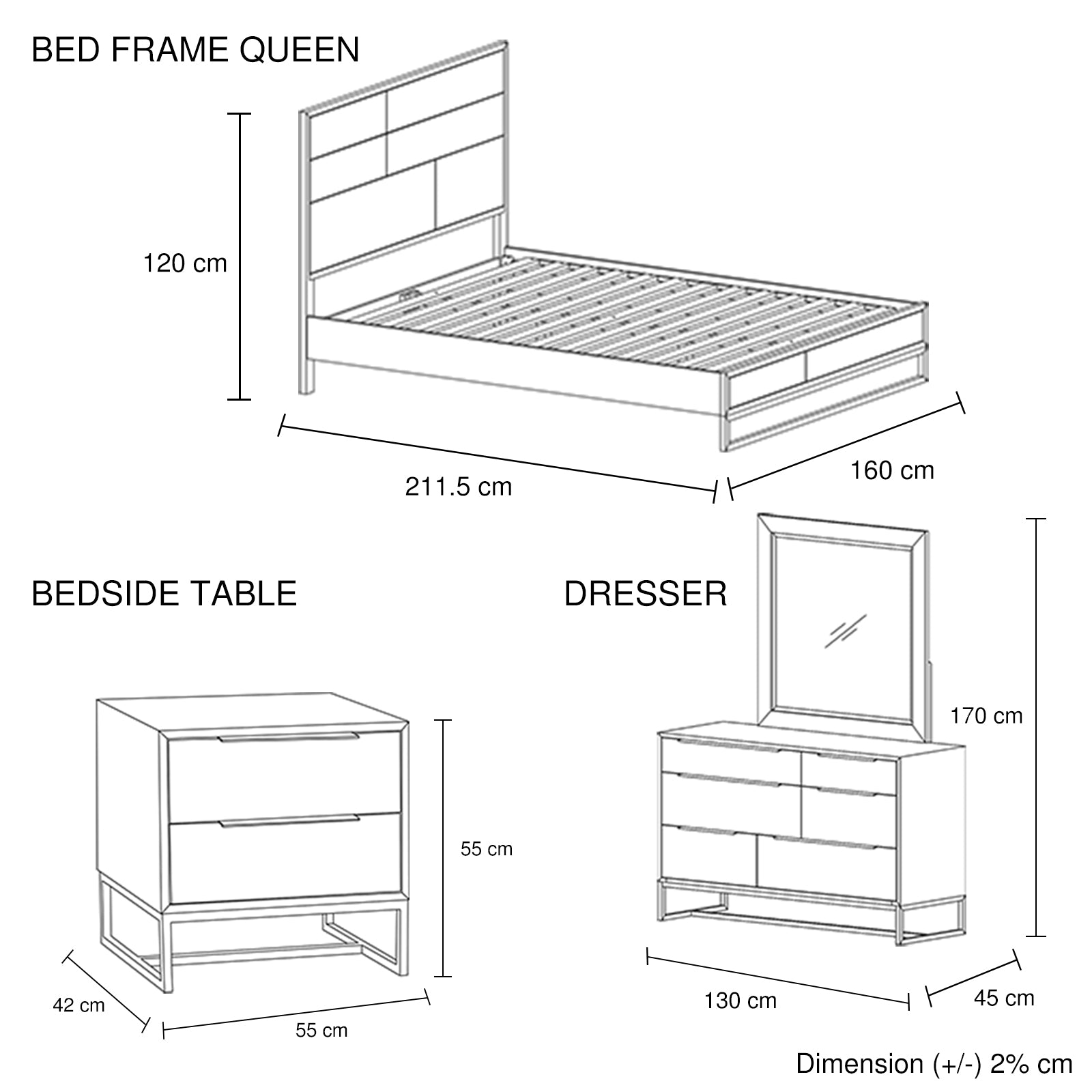4 Pieces Bedroom Suite made in Solid Wood Acacia Veneered Queen Size Oak Colour Bed, Bedside Table & Dresser - SILBERSHELL