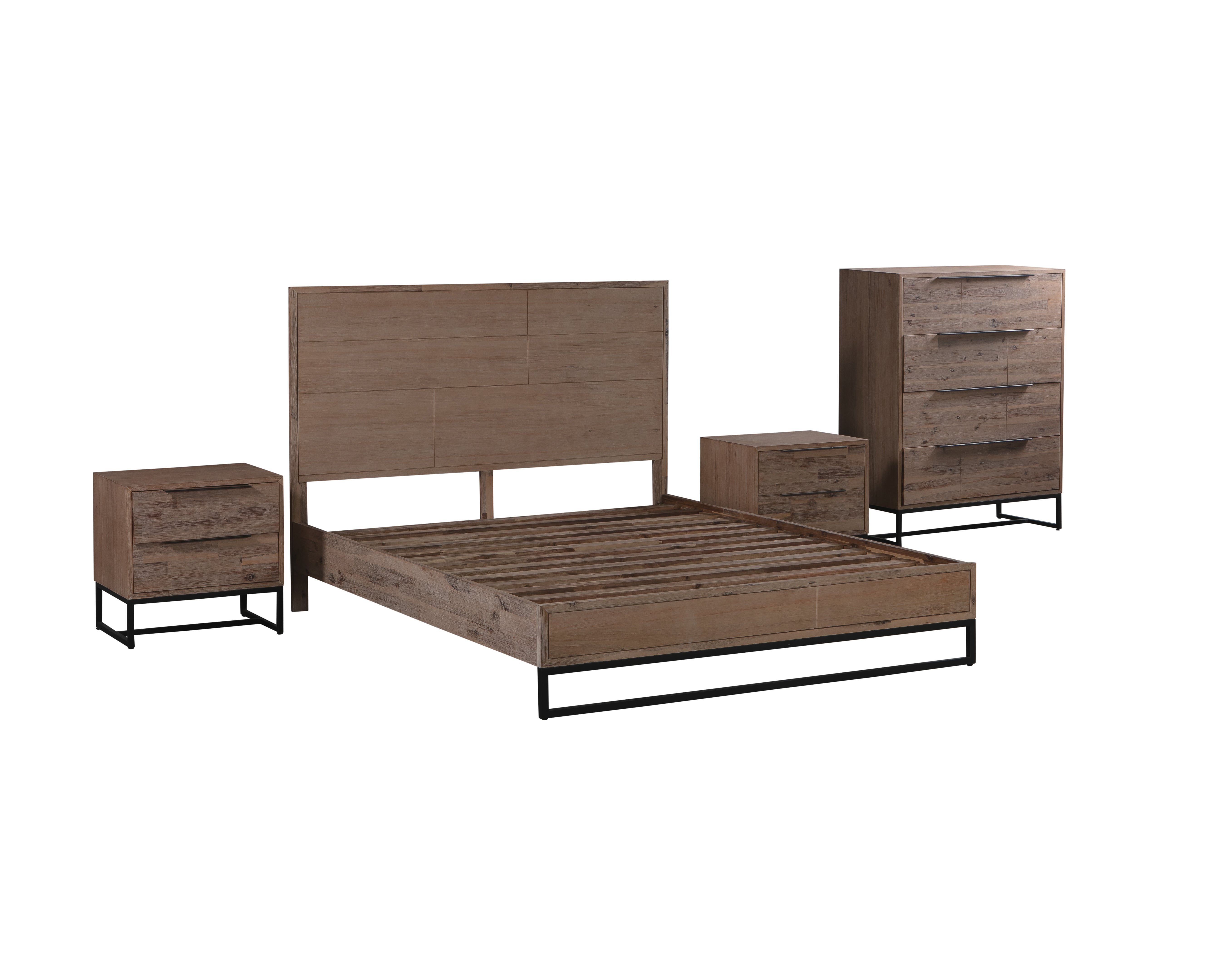 4 Pieces Bedroom Suite made in Solid Wood Acacia Veneered King Size Oak Colour 1X Bed, 2X Bedside Table & 1X Tallboy - SILBERSHELL