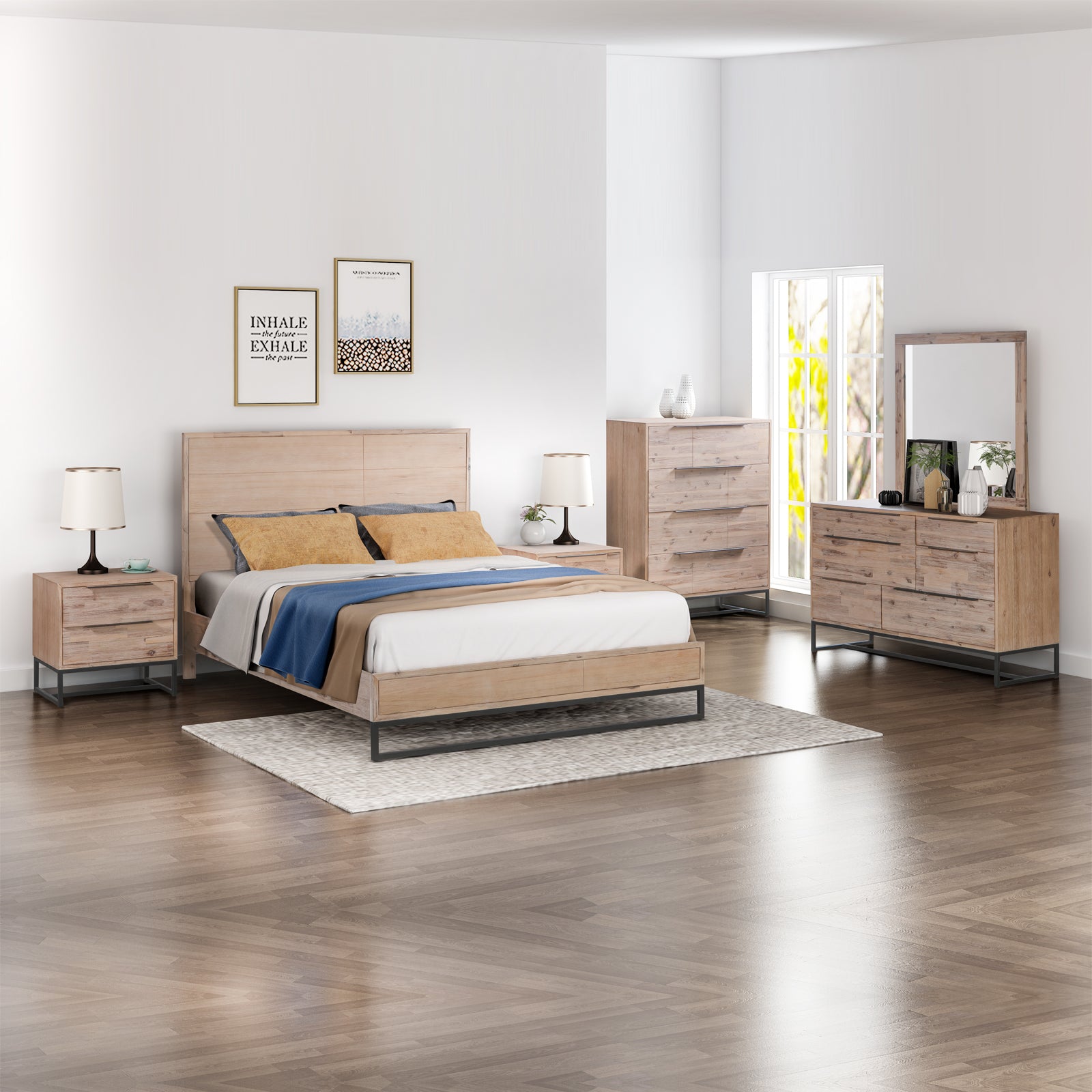 5 Pieces Bedroom Suite made in Solid Wood Acacia Veneered King Size Oak Colour Bed, Bedside Table, Tallboy & Dresser - SILBERSHELL