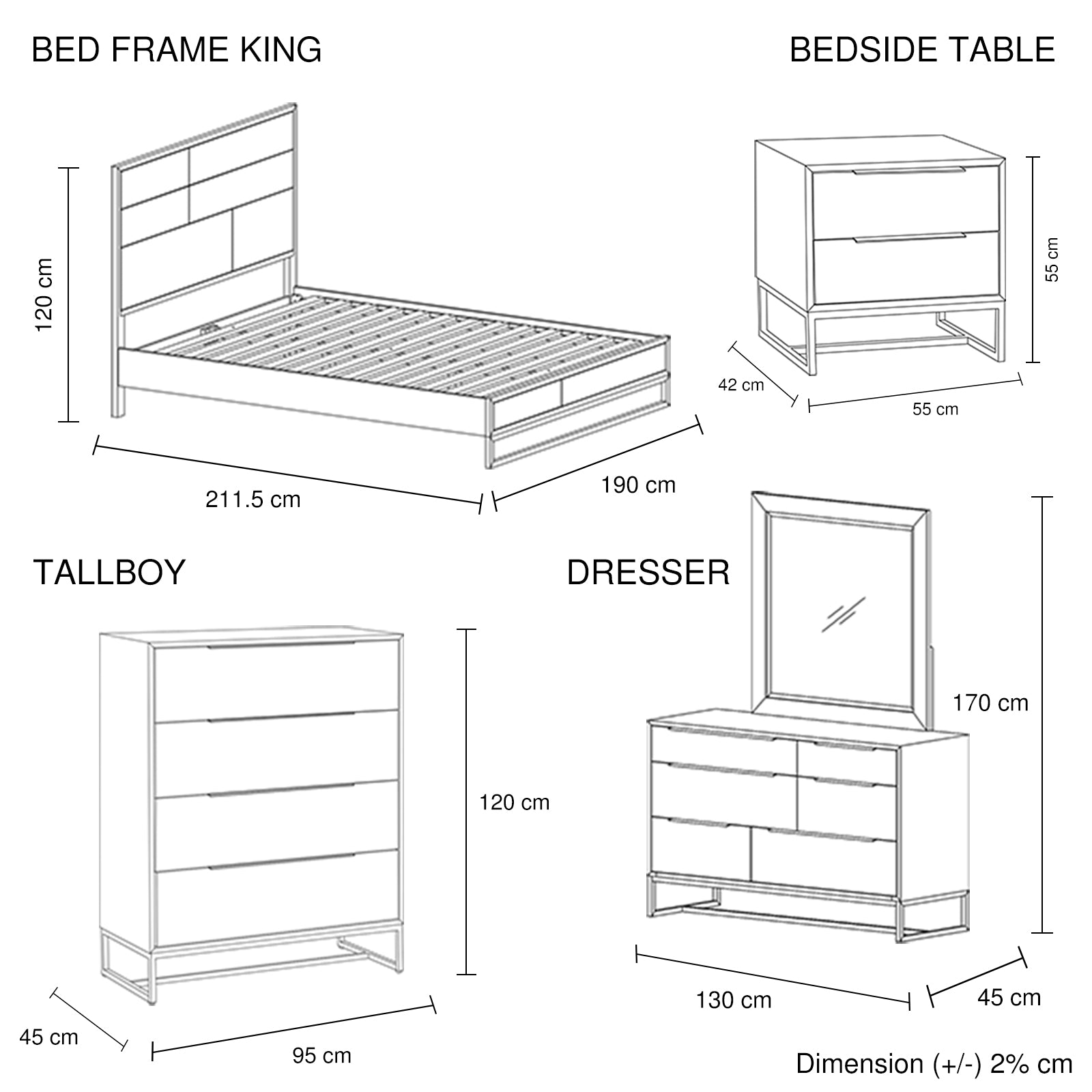 5 Pieces Bedroom Suite made in Solid Wood Acacia Veneered King Size Oak Colour Bed, Bedside Table, Tallboy & Dresser - SILBERSHELL