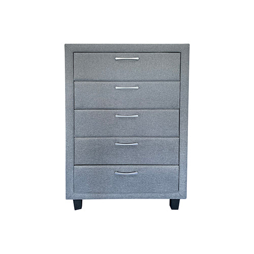 4 Pieces Storage Bedroom Suite Upholstery Fabric in Light Grey with Base Drawers Queen Size Oak Colour Bed, Bedside Table & Tallboy - SILBERSHELL