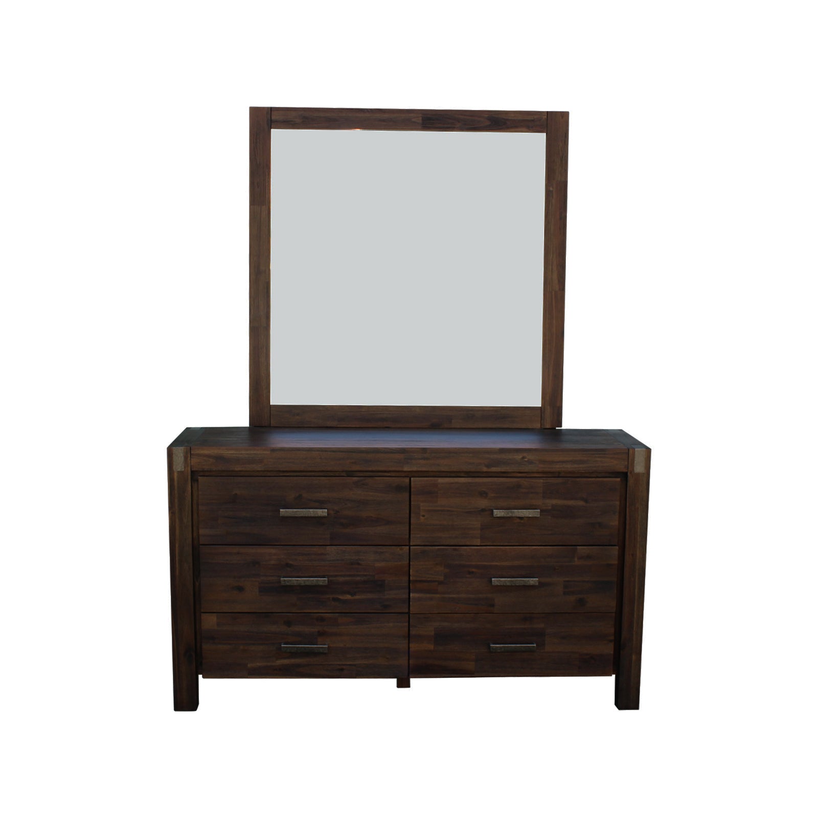 4 Pieces Bedroom Suite in Solid Wood Veneered Acacia Construction Timber Slat Double Size Chocolate Colour Bed, Bedside Table & Dresser - SILBERSHELL