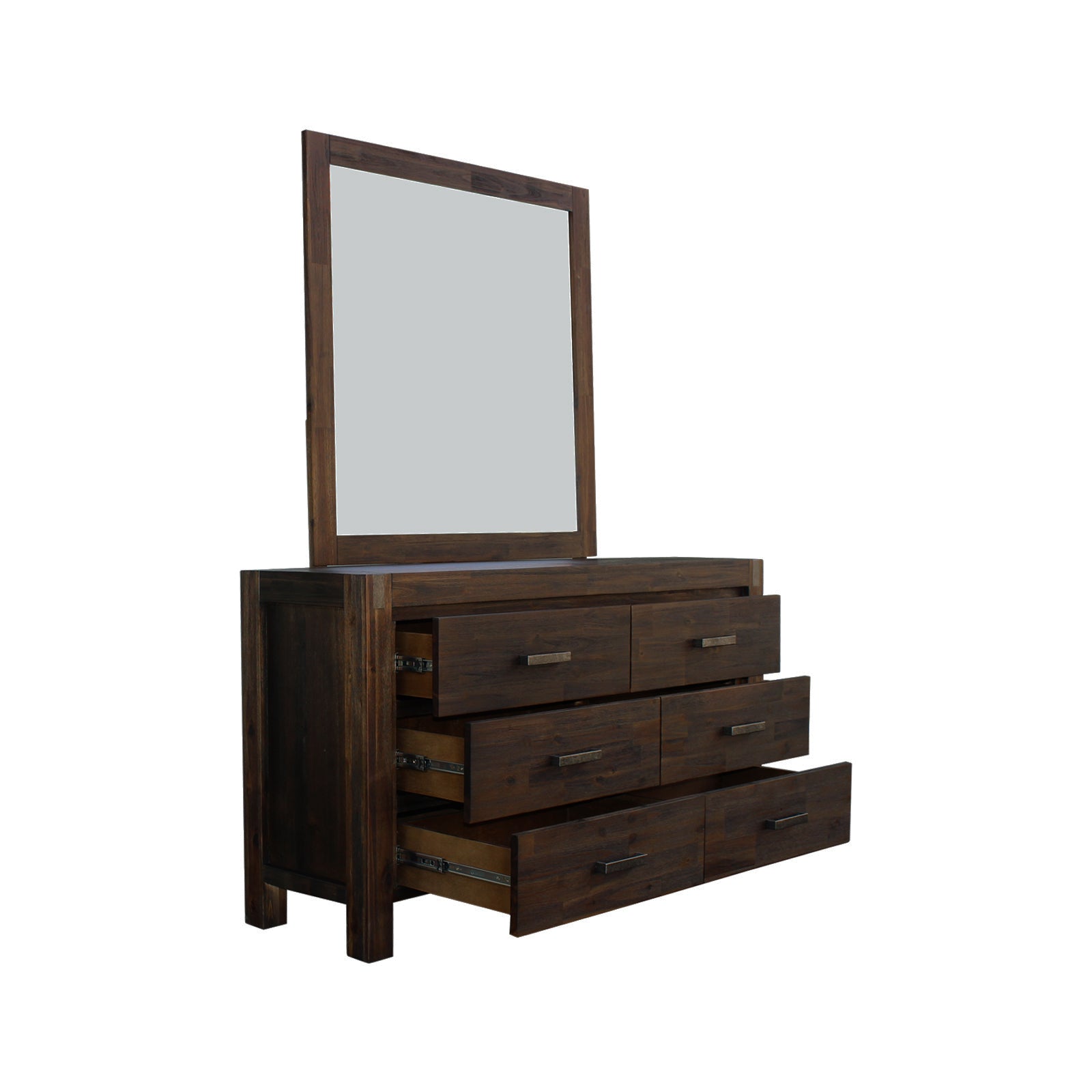 4 Pieces Bedroom Suite in Solid Wood Veneered Acacia Construction Timber Slat Double Size Chocolate Colour Bed, Bedside Table & Dresser - SILBERSHELL