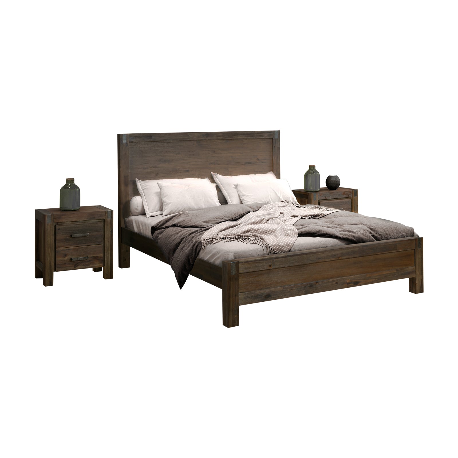 4 Pieces Bedroom Suite in Solid Wood Veneered Acacia Construction Timber Slat Double Size Chocolate Colour Bed, Bedside Table & Tallboy - SILBERSHELL