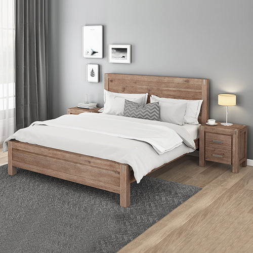 4 Pieces Bedroom Suite in Solid Wood Veneered Acacia Construction Timber Slat King Size Oak Colour Bed, Bedside Table & Tallboy - SILBERSHELL