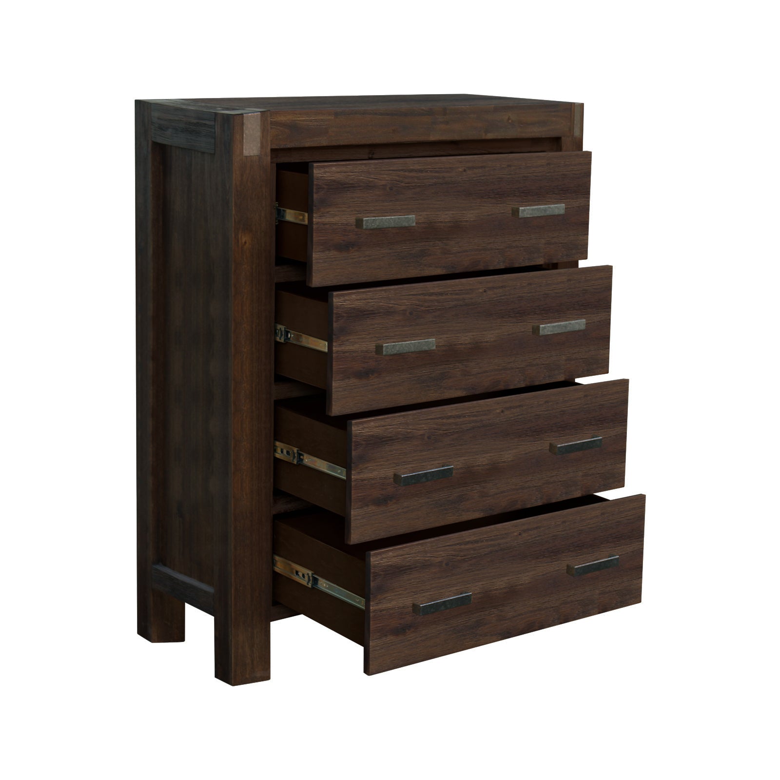 5 Pieces Bedroom Suite in Solid Wood Veneered Acacia Construction Timber Slat Double Size Chocolate Colour Bed, Bedside Table, Tallboy & Dresser - SILBERSHELL