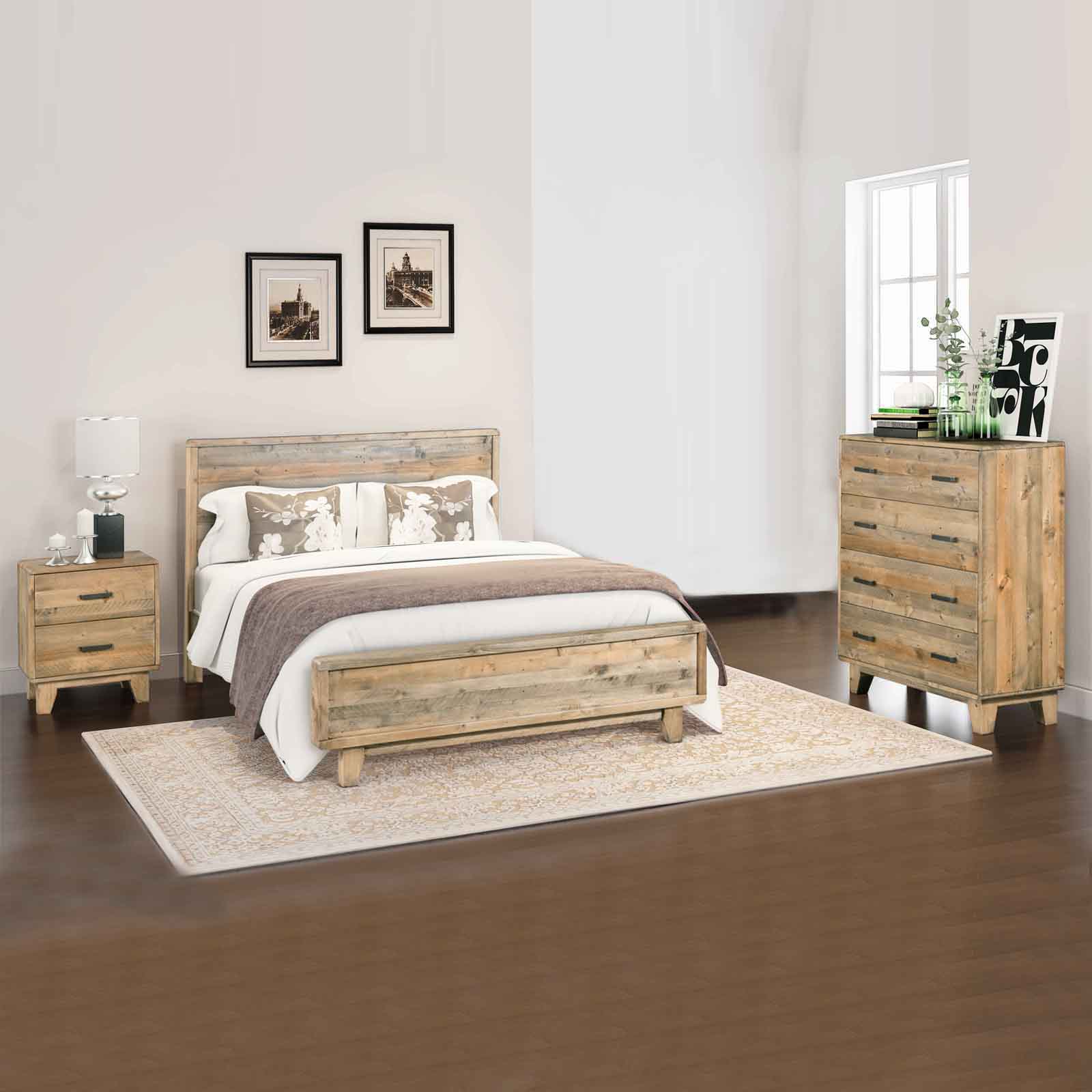 4 Pieces Bedroom Suite Double Size in Solid Wood Antique Design Light Brown Bed, Bedside Table & Tallboy - SILBERSHELL