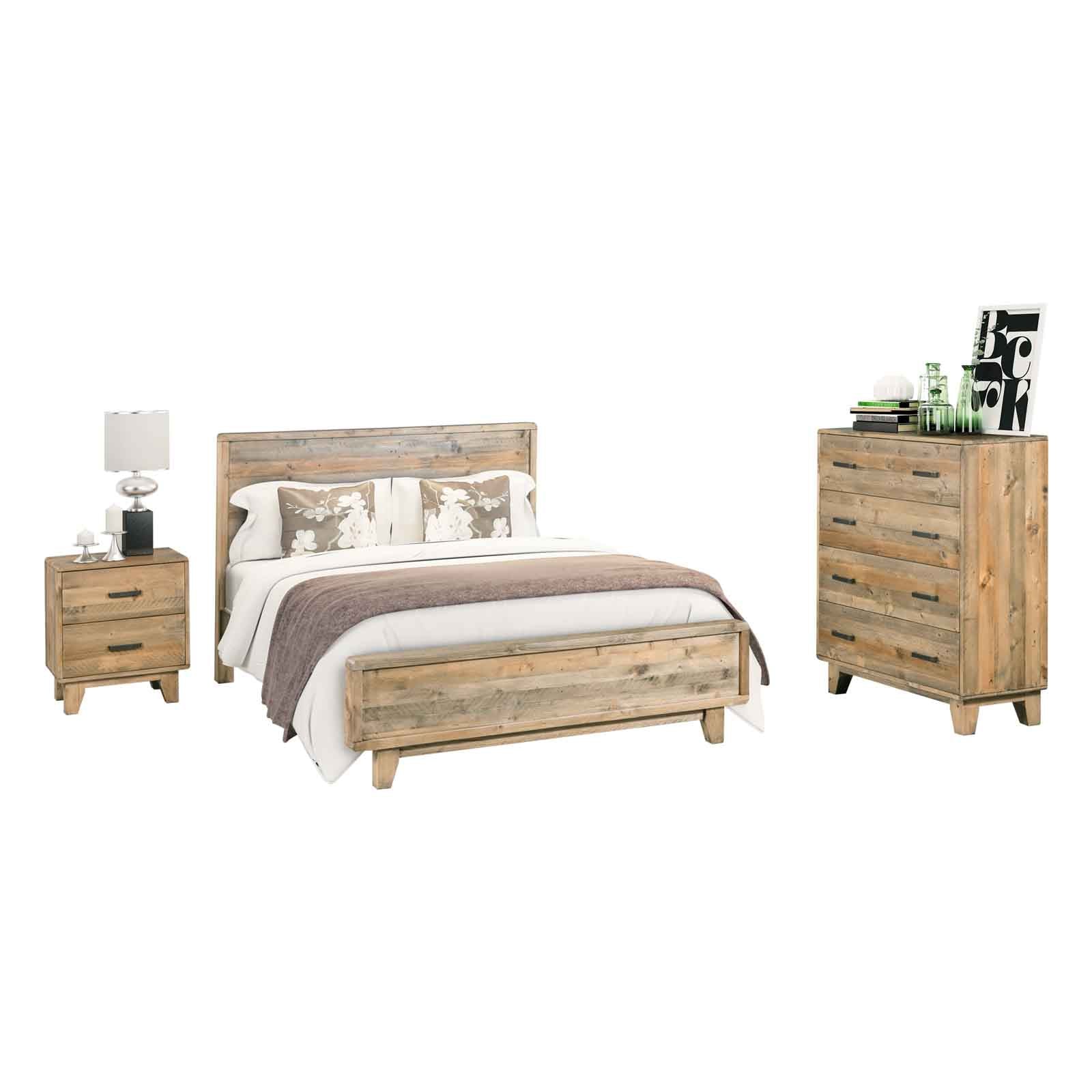 4 Pieces Bedroom Suite Double Size in Solid Wood Antique Design Light Brown Bed, Bedside Table & Tallboy - SILBERSHELL