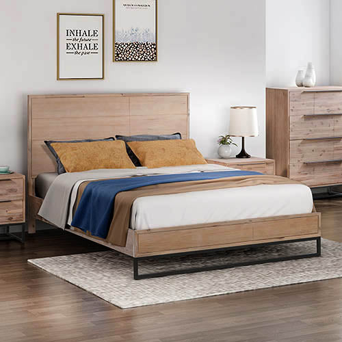 King size Bed Frame Solid Wood Acacia Veneered Bedroom Furniture Steel Legs - SILBERSHELL