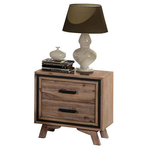Bedside Table 2 drawer Night Stand with Solid Acacia Storage in Sliver Brush Colour - SILBERSHELL