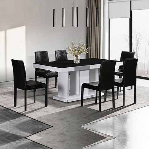 7 Pieces Dining Suite Dining Table & 6X  Black Chairs in Rectangular Shape High Glossy MDF Wooden Base Combination of Black & White Colour - SILBERSHELL