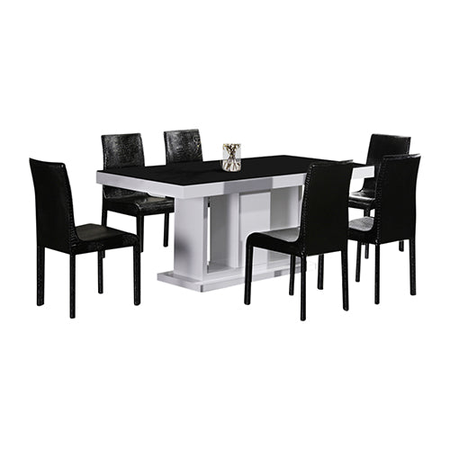 7 Pieces Dining Suite Dining Table & 6X  Black Chairs in Rectangular Shape High Glossy MDF Wooden Base Combination of Black & White Colour - SILBERSHELL