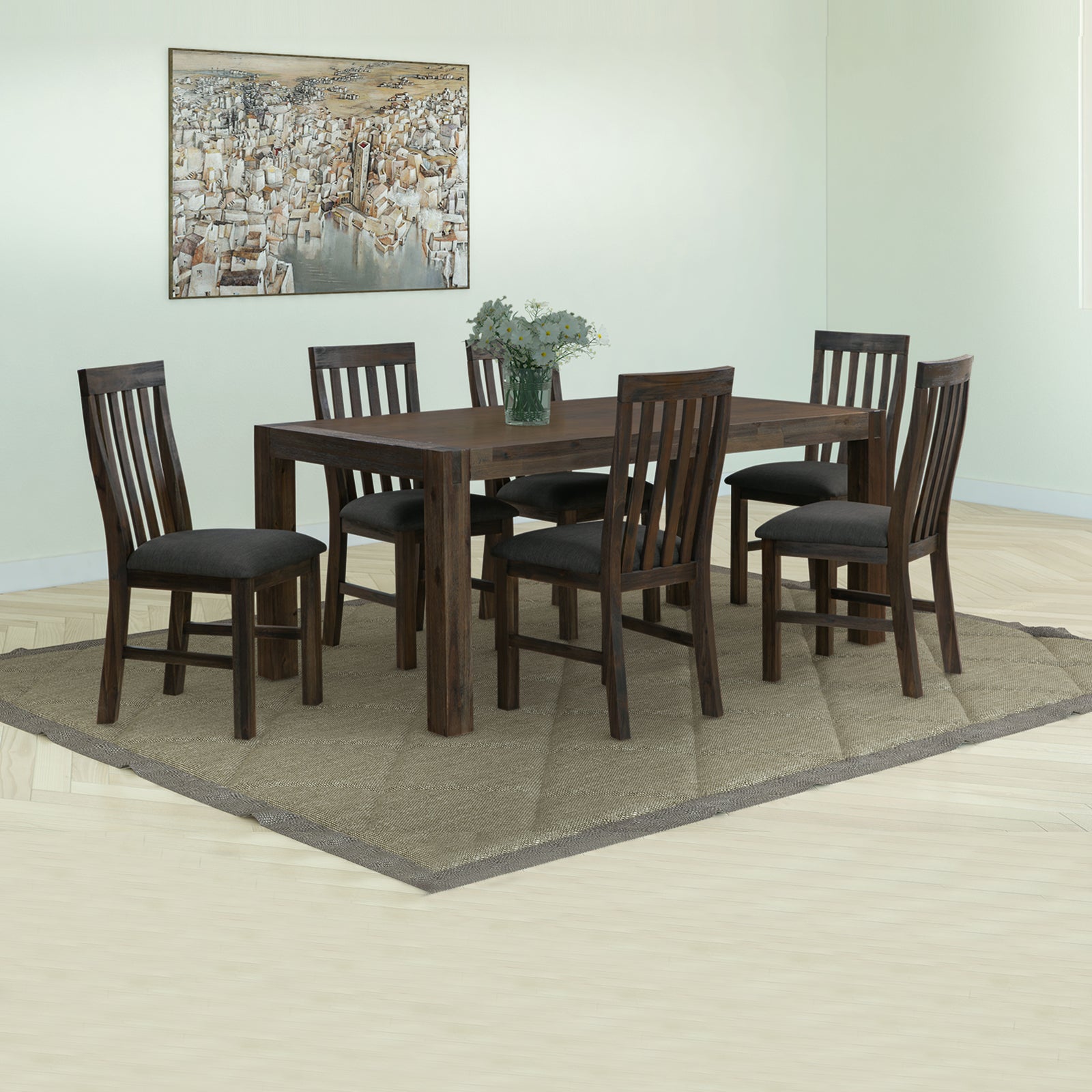 7 Pieces Dining Suite 180cm Medium Size Dining Table & 6X Chairs with Solid Acacia Wooden Base in Chocolate Colour - SILBERSHELL