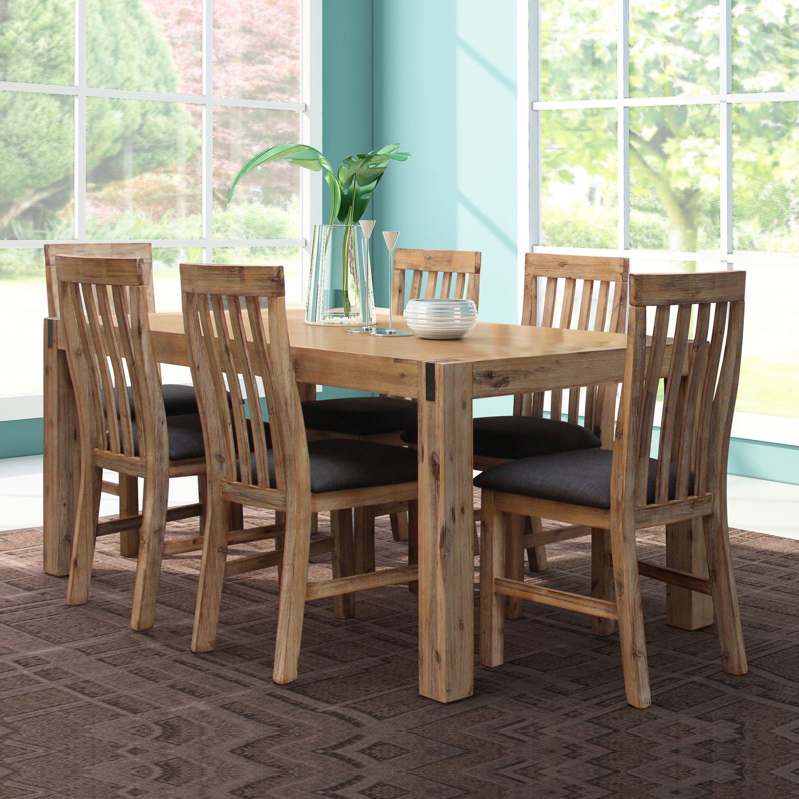 7 Pieces Dining Suite 180cm Medium Size Dining Table & 6X Chairs with Solid Acacia Wooden Base in Oak Colour - SILBERSHELL