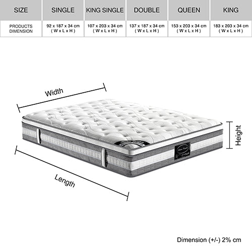 Mattress Euro Top King Single Size Pocket Spring Coil with Knitted Fabric Medium Firm 34cm Thick - SILBERSHELL