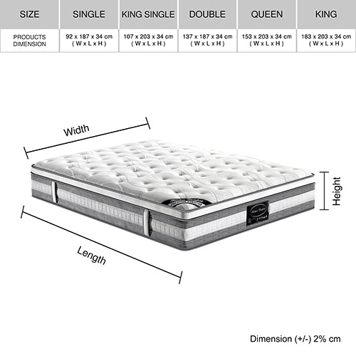 Mattress Euro Top Single Size Pocket Spring Coil with Knitted Fabric Medium Firm 34cm Thick - SILBERSHELL