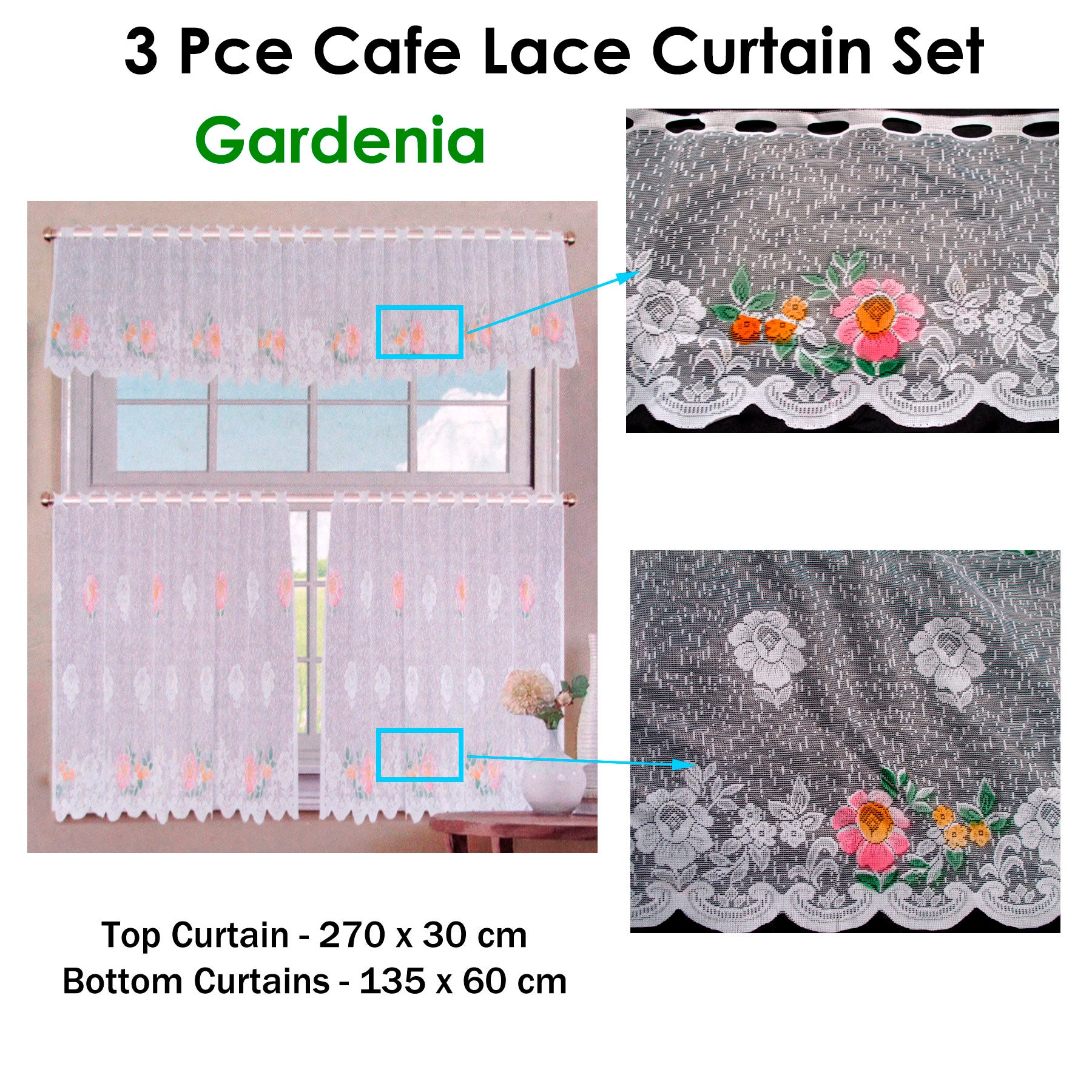 3 Pce Cafe Gardenia Lace Curtain Set - SILBERSHELL