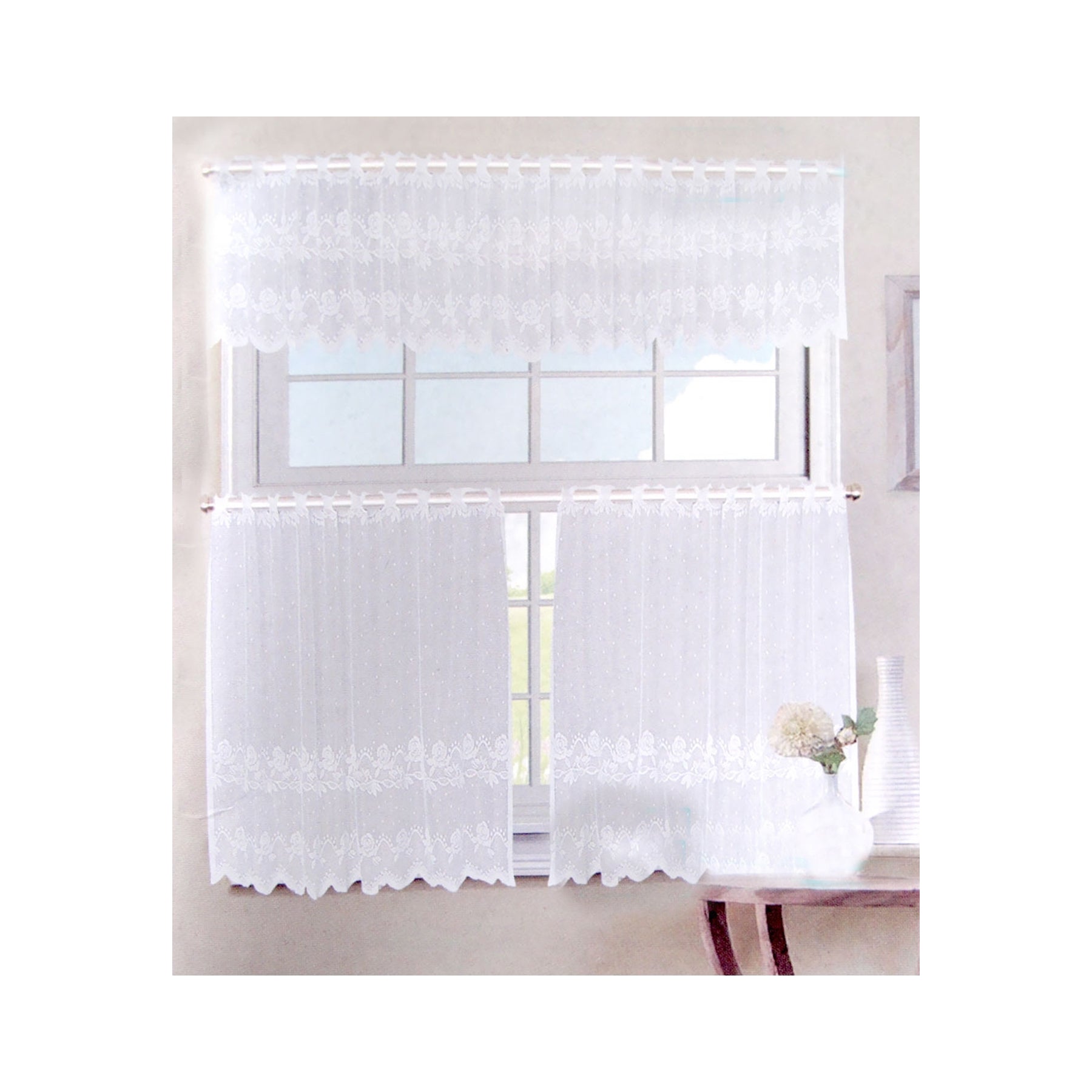 3 Pce Cafe Rose Lace Curtain Set - SILBERSHELL