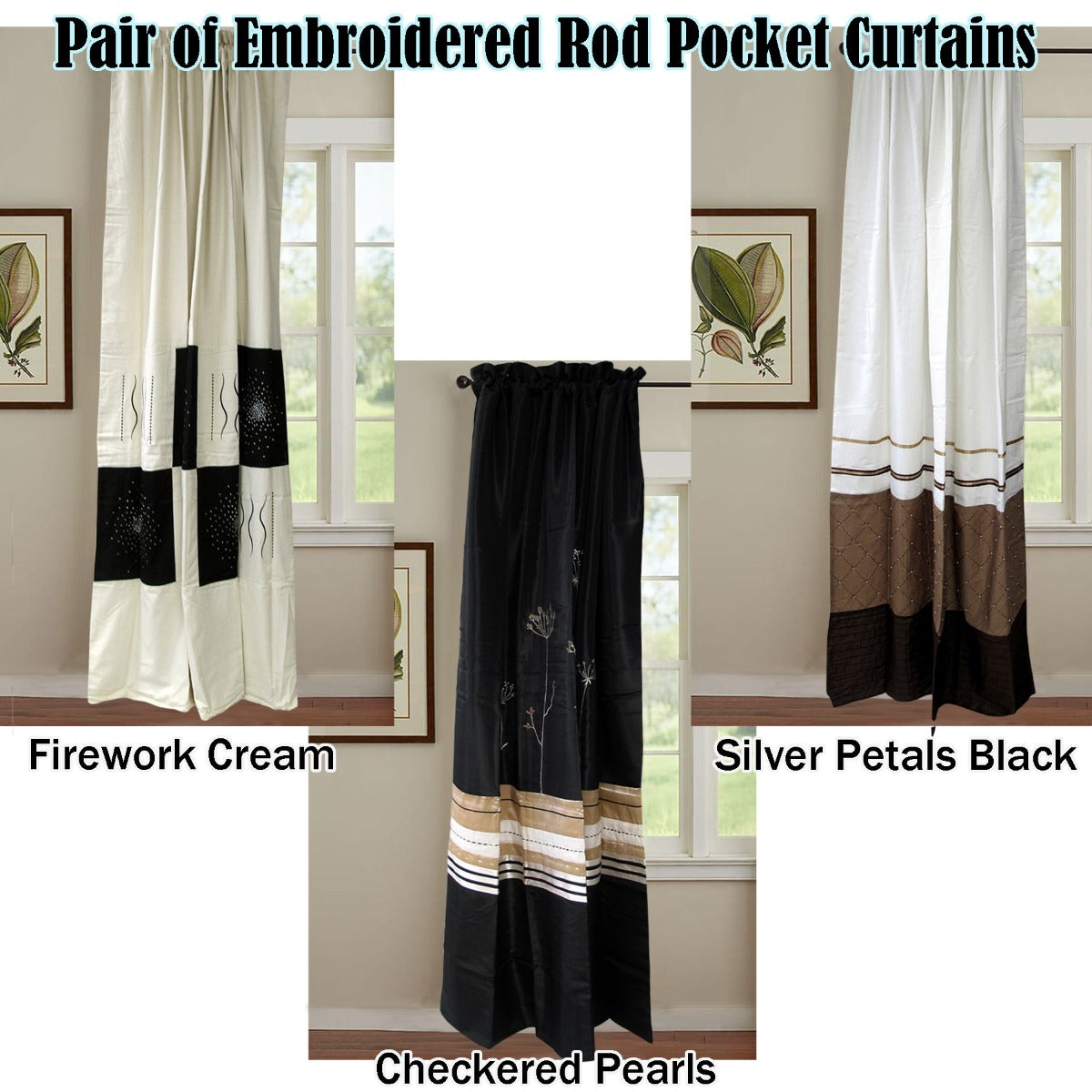 Pair of Embroidered Rod Pocket Curtains 150 x 213cm each Silver Petals - SILBERSHELL