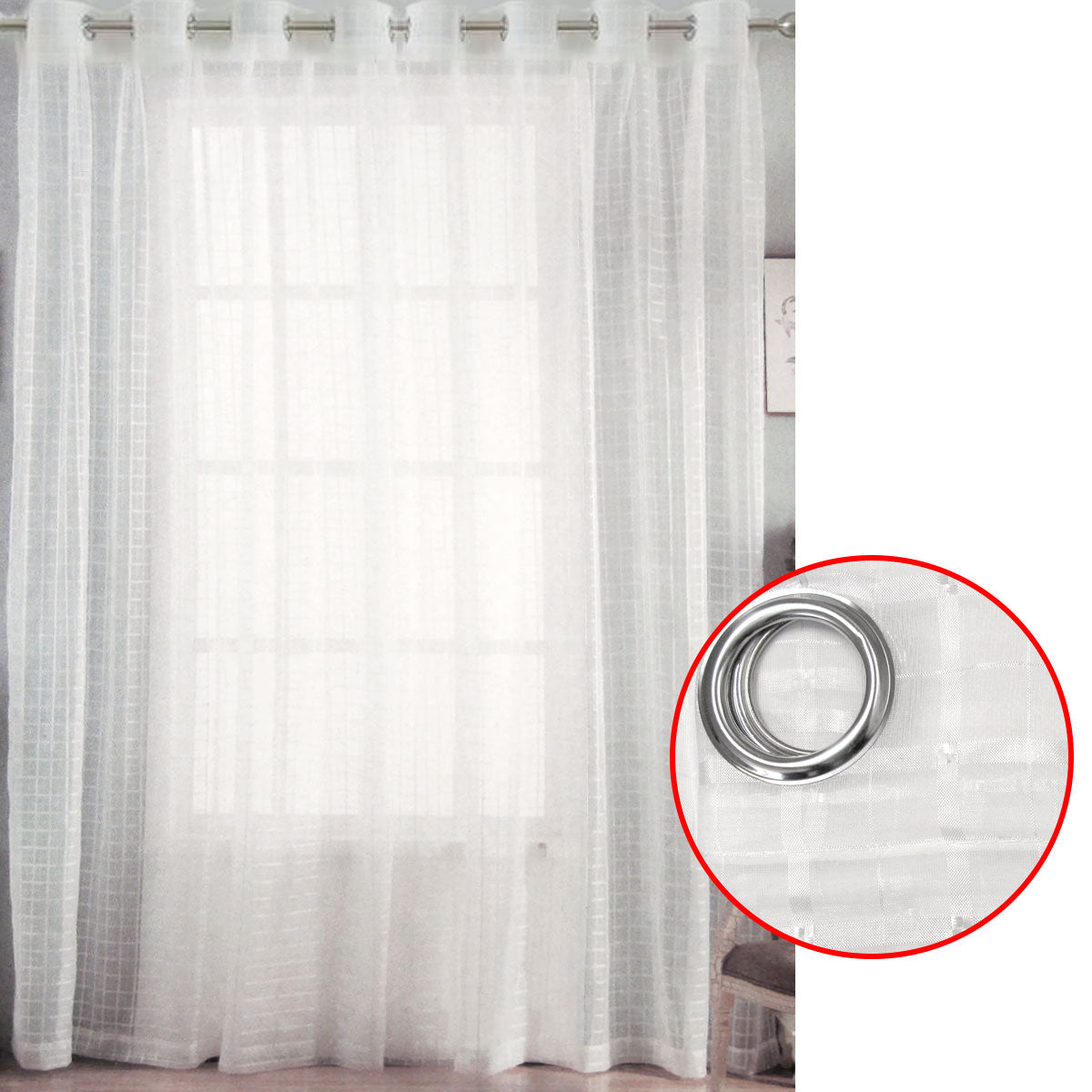 Pair of White Checkered Eyelet Sheer Curtains 140 x 225cm - SILBERSHELL