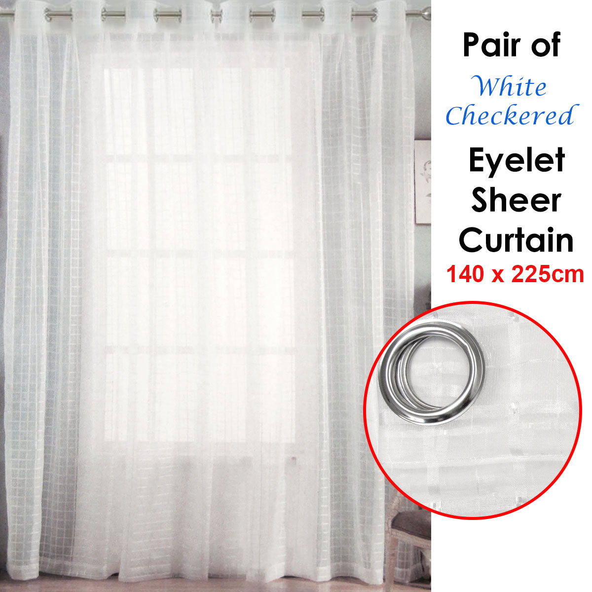 Pair of White Checkered Eyelet Sheer Curtains 140 x 225cm - SILBERSHELL