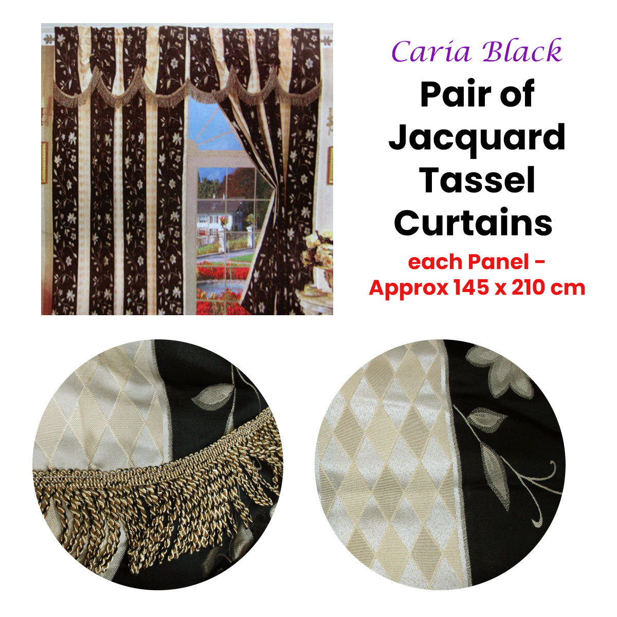 Pair of Caria Black Jacquard Tassels Unlined Curtains 145 x 210 cm - SILBERSHELL